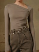 Ribbed Knit Long Sleeve Asymmetric Shirt