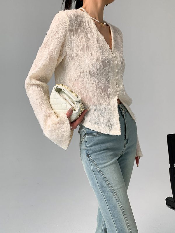 Semi-Sheer V-Neck Ruffle Long Sleeve Blouse - Image 2