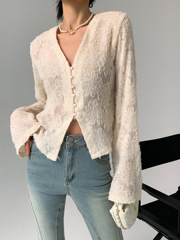 Semi-Sheer V-Neck Ruffle Long Sleeve Blouse - Image 3
