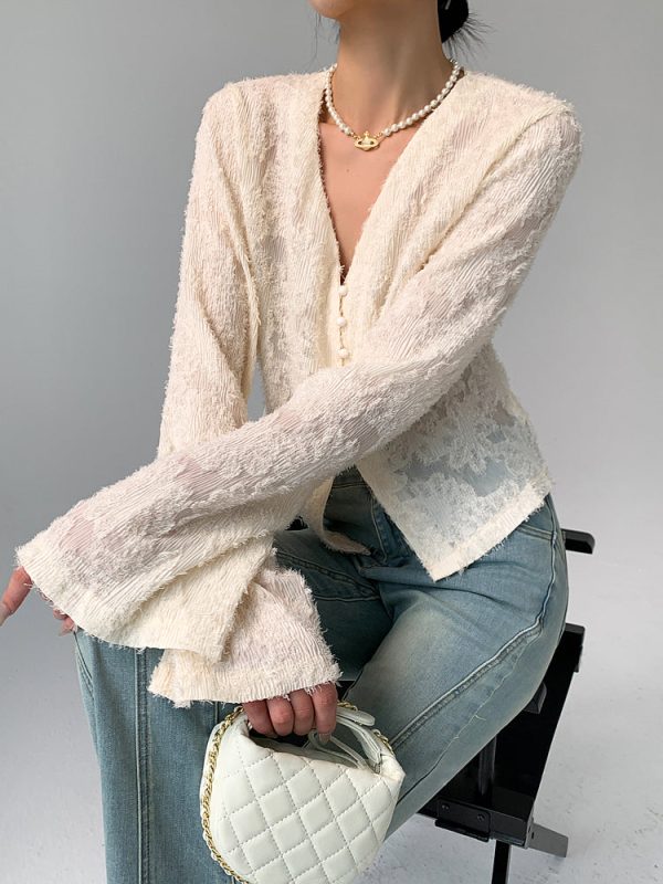 Semi-Sheer V-Neck Ruffle Long Sleeve Blouse - Image 4