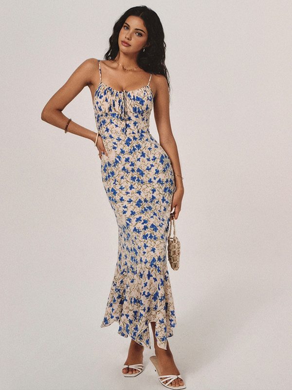 Floral Print Knotted Irregular Hem Long Dress - Image 3