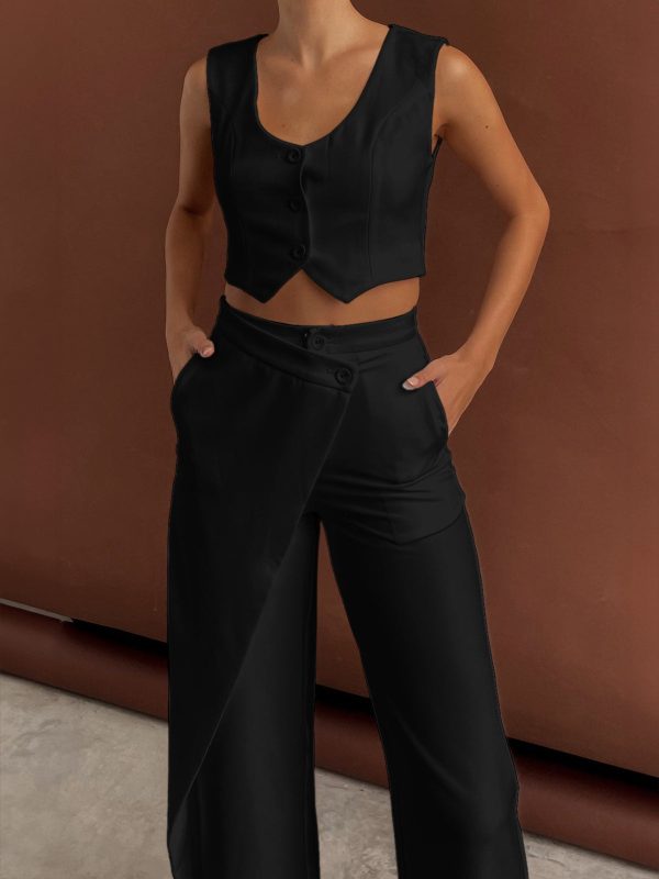 Solid  Asymmetrical Straight Leg Pants Set - Image 11