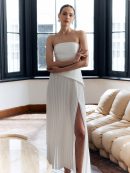 Solid Pleated Strapless Split Dress