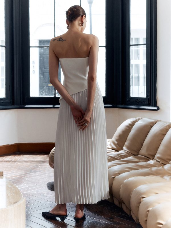 Solid Pleated Strapless Split Dress - Image 2