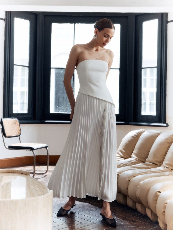 Solid Pleated Strapless Split Dress - Image 5