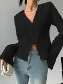 Semi-Sheer V-Neck Ruffle Long Sleeve Blouse
