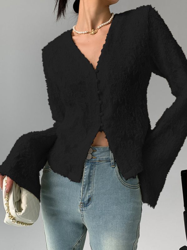 Semi-Sheer V-Neck Ruffle Long Sleeve Blouse - Image 5