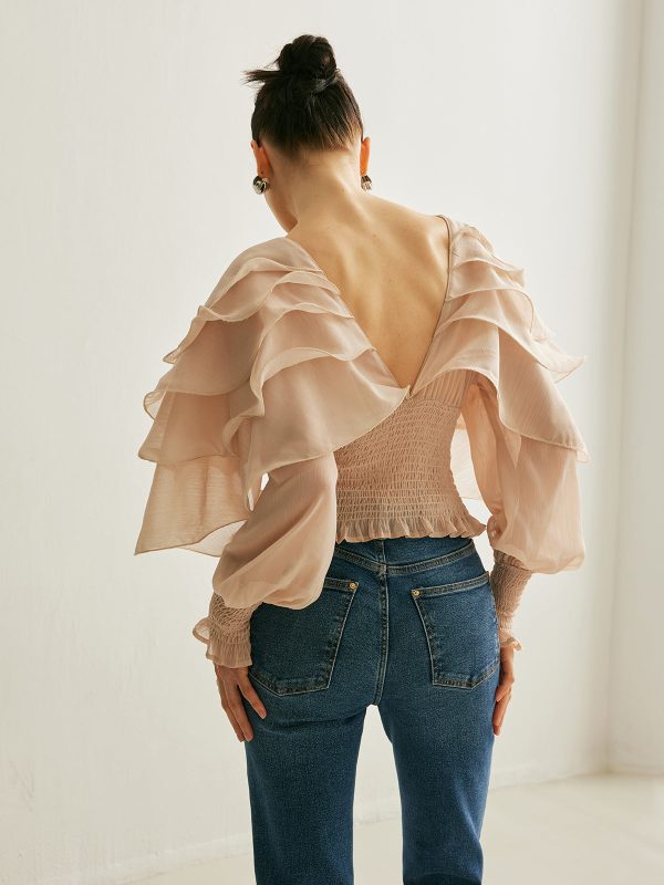 Semi-Sheer Chiffon Ruffle Backless Top - Image 7