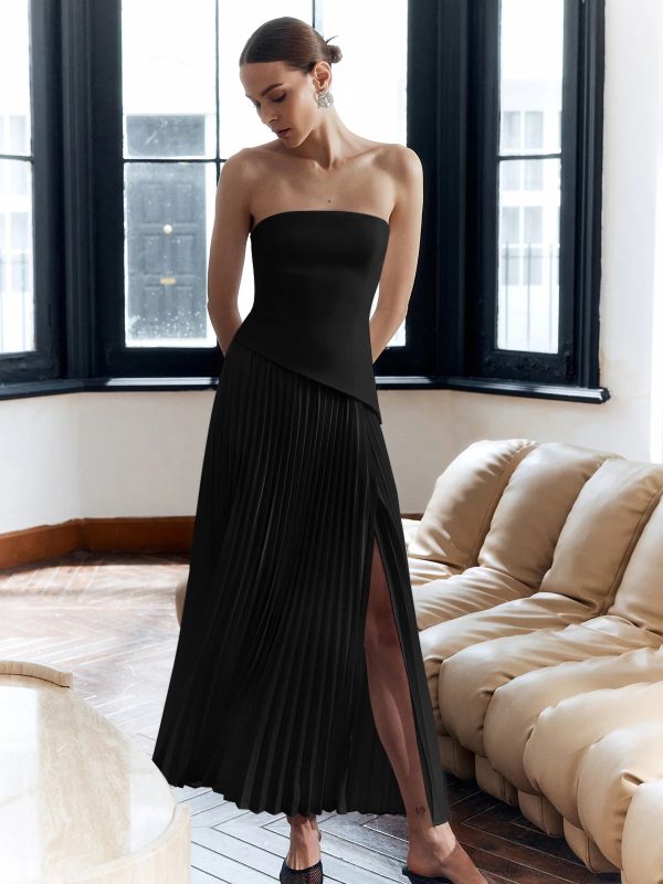 Solid Pleated Strapless Split Dress - Image 8