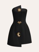 Satin Asymmetrical Buttoned Strapless Dress