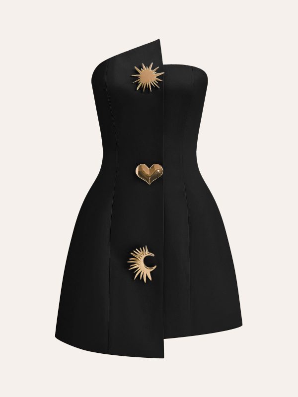 Satin Asymmetrical Buttoned Strapless Dress - Image 5