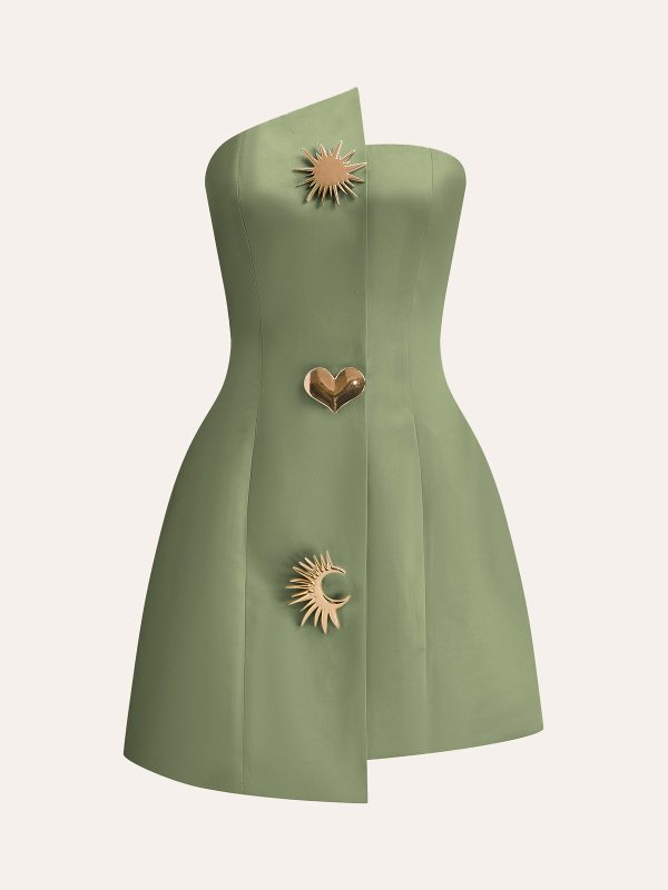 Satin Asymmetrical Buttoned Strapless Dress - Image 6