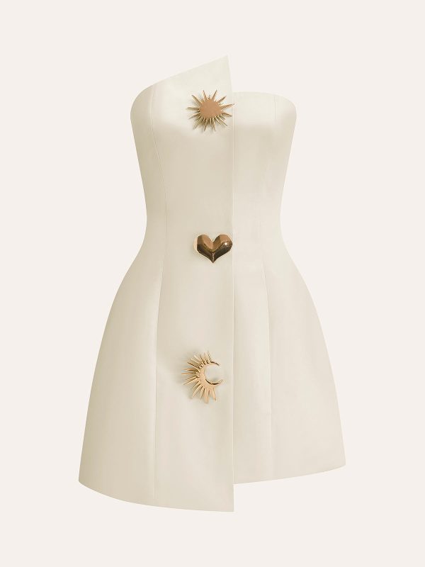 Satin Asymmetrical Buttoned Strapless Dress - Image 7